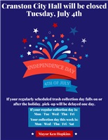 Cranston City Hall closed Tuesday, July 4th